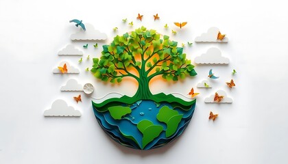Papercut tree of life growing from the earth, surrounded by nature elements