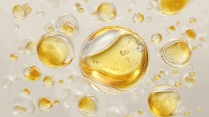 Golden oil drops floating with white spheres on off-white textured background. Realistic 3D rendered liquid bubbles with dramatic lighting and depth effect, suitable for cosmetic product visualization