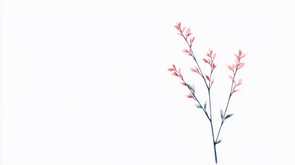 Fototapeta premium Minimalist illustration of delicate branches with pink leaves on a white background.