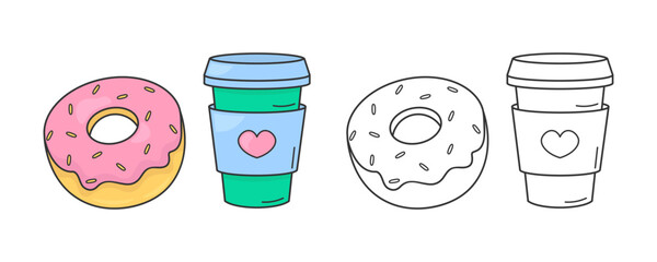 Fun doodle-style coloring page featuring a cute donut and coffee cup with a colored example. Perfect for kids' activities, stress relief, and DIY projects. 