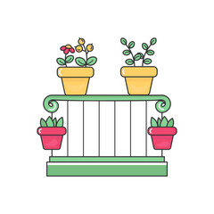 Doodle icon balcony with flowers. Simple line clip art in color. Stock image isolated on white background.