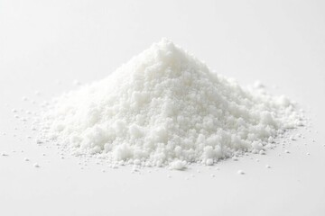 Pile of white granulated sugar on white background, sugar crystals, cane sugar, bright