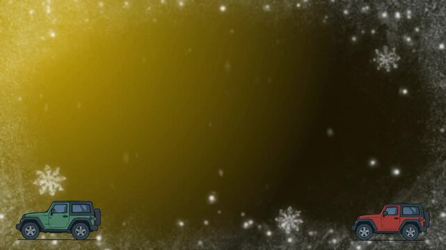 Two cars driving under the sky of falling snow drops on a black and yellow background, suitable for graphic design, social media, content