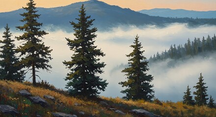 Serene mountain landscape painting featuring evergreen trees and misty fog