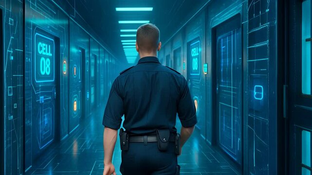 Futuristic Prison Corridor with Security Officer and Digital Cell Monitoring System in Smart Jail Technology

