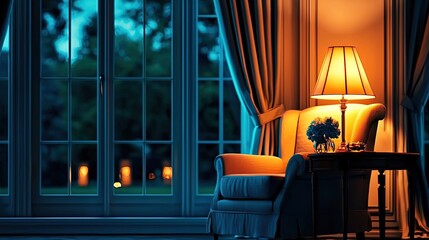 Warm interior room with night scene outside.