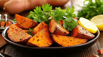 Roasted sweet potato wedges garnished with fresh herbs and lemon.