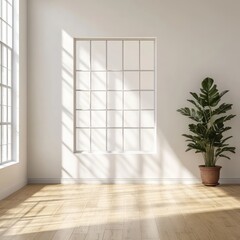 Empty, sunlit room with large window and plant.
