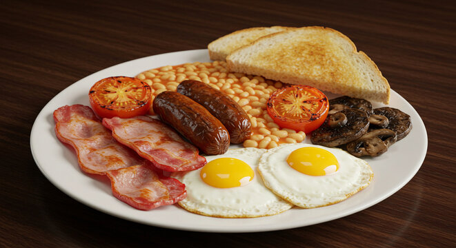 Full english breakfast plate with eggs bacon sausage beans toast tomato and mushrooms on white dish