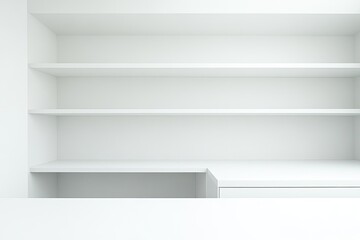 Empty white shelving unit with a countertop
