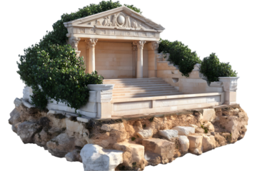 Isolated Ancient Temple on Rock Formation with Lush Greenery and Stones