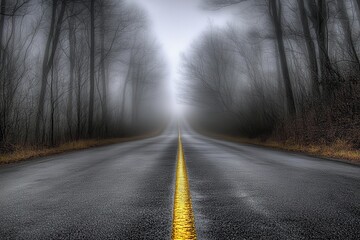 Foggy road through a dark, leafless forest.  A yellow line leads to a hazy horizon