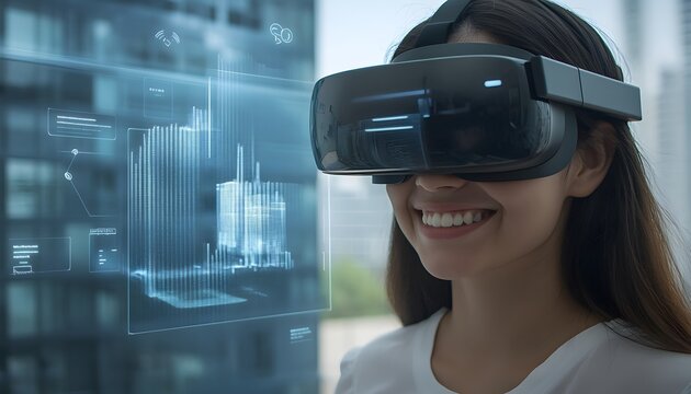 Woman uses virtual reality headset to view digital city model