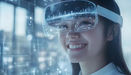 Woman Smiles While Using Futuristic Virtual Reality Headset