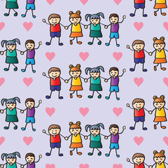 Seamless pattern with happy children on light purple background. Vector illustration.