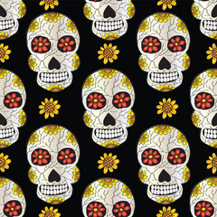 Day of the Dead. Seamless pattern with sugar skulls and flowers. Vector illustration.