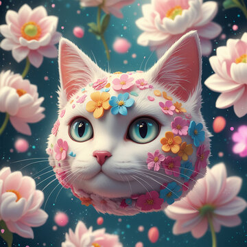 illustration of cute cat head wearing flower