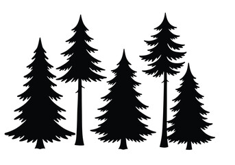 Fototapeta premium Spruce trees silhouette. This image shows the black silhouettes of multiple spruce trees, distinct shapes and foliage patterns, known as fir or pine trees. clipart illustration design.