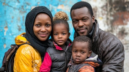 Mother and father with their children, settling into a new country.