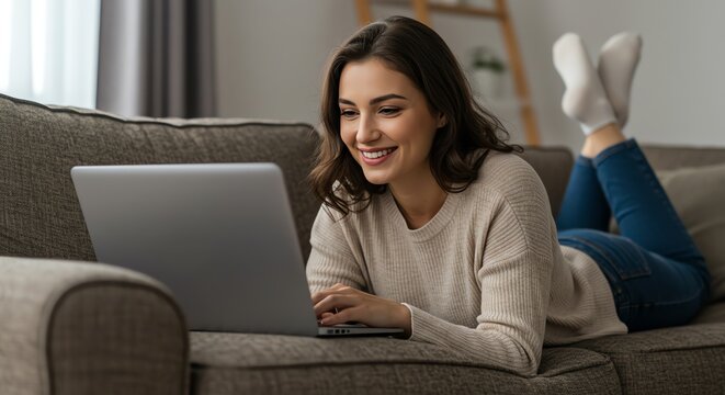 Woman Uses Laptop Lying on Couch