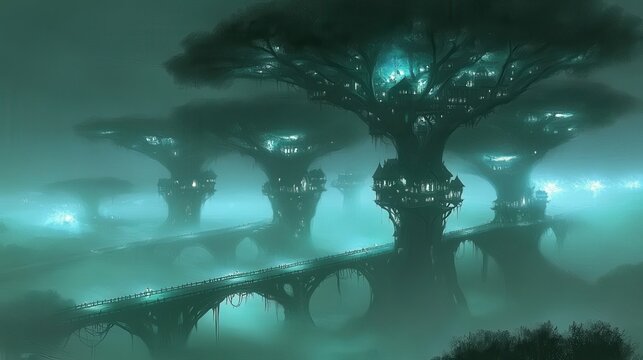 Alien Forest Enigmatic Structures in a Mystical Gloom