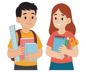 Back to School Vector Happy Boy and Girl Holding Books and Stationery Supplies. Cute School Kids with Study Materials Flat Style Educational Vector Illustration.  Flat Cartoon Vector for Education.