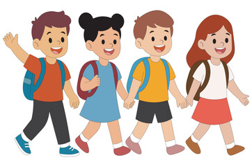 Cute Flat Illustration of Happy School Kids Walking Together with Backpacks. Group of Children Going to School Colorful Vector Art of Kids Holding Hands.  Smiling Children Walking in Line.