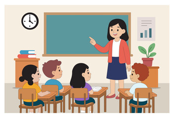 Cartoon Classroom Scene Teacher Teaching Students with Blackboard and Books. Vector Illustration of School Classroom with Female Teacher and Kids Learning. Teacher in Front of Class with Students.