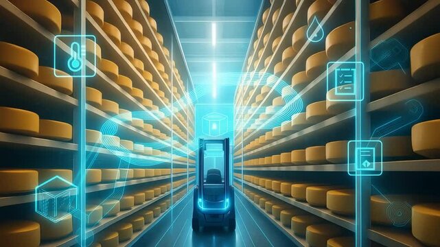 Smart Food Storage with Cheese Wheels and Digital Forklift in a Futuristic Temperature Controlled Facility

