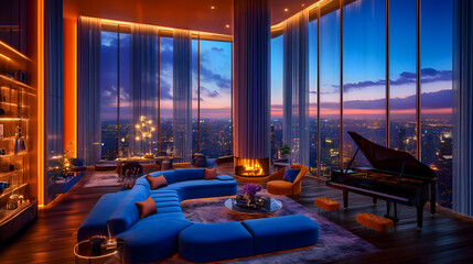 Fototapeta premium Luxurious penthouse apartment with stunning city sunset views, featuring a modern blue sectional sofa, grand piano, and fireplace.
