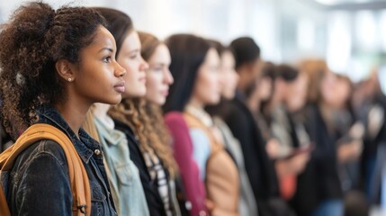 Obraz premium Job seekers waiting their turn in a queue for interviews at a hiring fair.