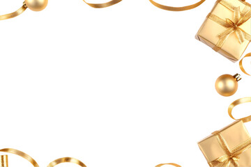 Isolated Gold Gifts and Ornaments on Transparent Black Background