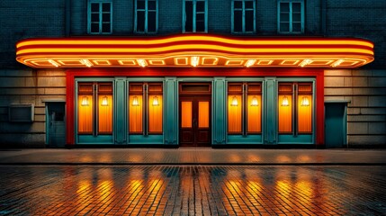 Theater entrance at night: An inviting theater entrance glows warmly, its neon lights illuminating the brick facade and glistening wet pavement.