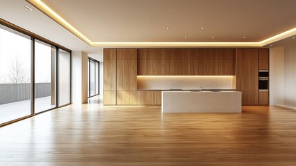 Modern, open-plan kitchen area with wooden accents.