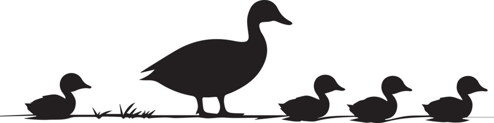 Mother Duck with Four Ducklings follow silhouette