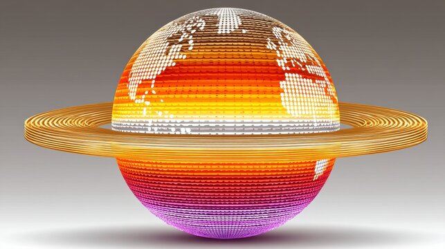 Abstract Pixelated Planet with Rings in Warm Colors