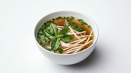 A bowl of Vietnamese pho soup with noodles, fresh basil, bean sprouts, and herbs in a clear broth.