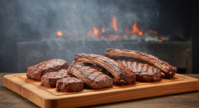 Delicious grilled steak ribeye on wooden board barbecue with smoke food photography and recipe ideas