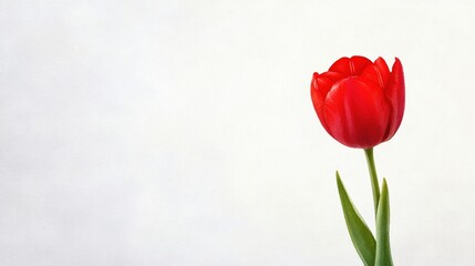Obraz premium A single red tulip with green leaves stands against a plain white background.
