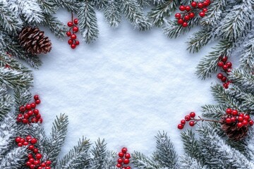 Snowy evergreen branches frame a winter scene with pinecone and red berries. Ideal for holiday cards, backgrounds, or adding festive cheer to designs.