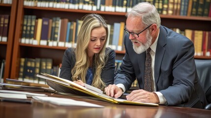 An attorney reviewing case files with a legal assistant.
