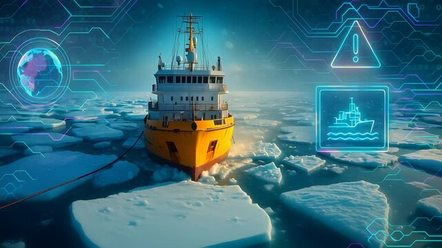 Futuristic Icebreaker Ship Navigating Arctic Ocean with Digital Warning Interface and Smart Maritime Technology

