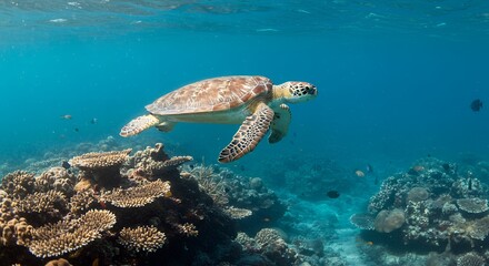 Obraz premium Sea turtle swimming gracefully over a vibrant coral reef in clear blue ocean water