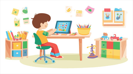 vector cartoon kids playing tablet