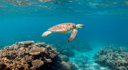 Obraz premium Sea turtle swimming gracefully over a vibrant coral reef in clear blue ocean water