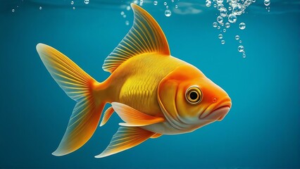 Naklejka premium Vibrant Goldfish Swimming Underwater with Air Bubbles on Blue Background, High-resolution image of a brightly colored goldfish swimming gracefully underwater, surrounded by air bubbles.