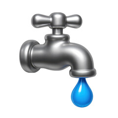 Shiny silver water tap with a single large blue drop hanging from the spout, symbolizing conservation.