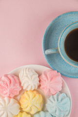 Colorful Marshmallows and Coffee on Pink Background