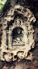 Intricate stone carving nestled in tree bark, forest background, nature art detail