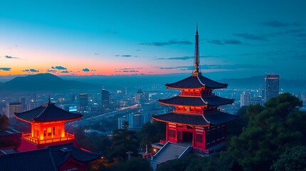 High-resolution 3D rendered pixel art of a beautiful Japanese temple overlooking city lights at night, electric vivid colors, professional quality, commercial use